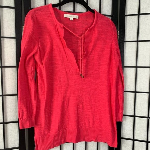 Ann Taylor LOFT Knitted Tie V-Neck Quarter Sleeve 3/4 Blouse Top Pink Small - Picture 2 of 9